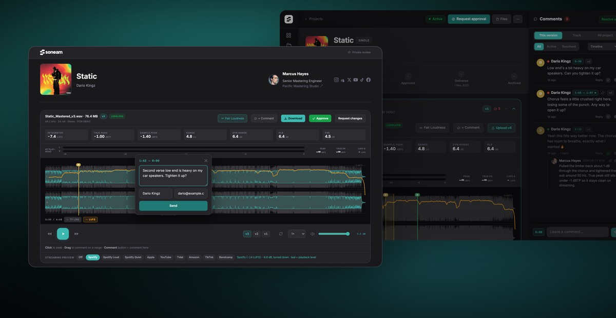 The Soneam client review screen layered over the engineer's project view