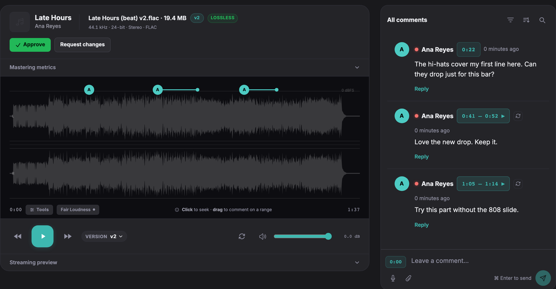 An artist's review page: three of their notes pinned to the waveform of version 2 of a beat, listed beside the player with Approve and Request changes above