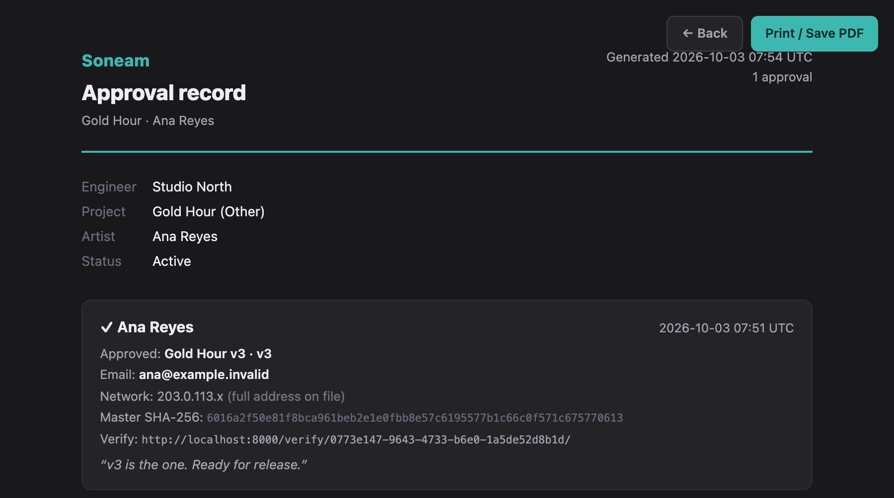 The approval record: Ana Reyes approved Gold Hour v3, with the time in UTC, the email, the network, the master’s SHA-256 and the note “v3 is the one. Ready for release.”