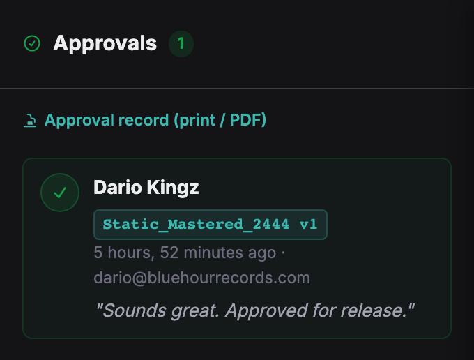 The Approvals panel, showing who approved, when, their email and which version, with a link to print the record