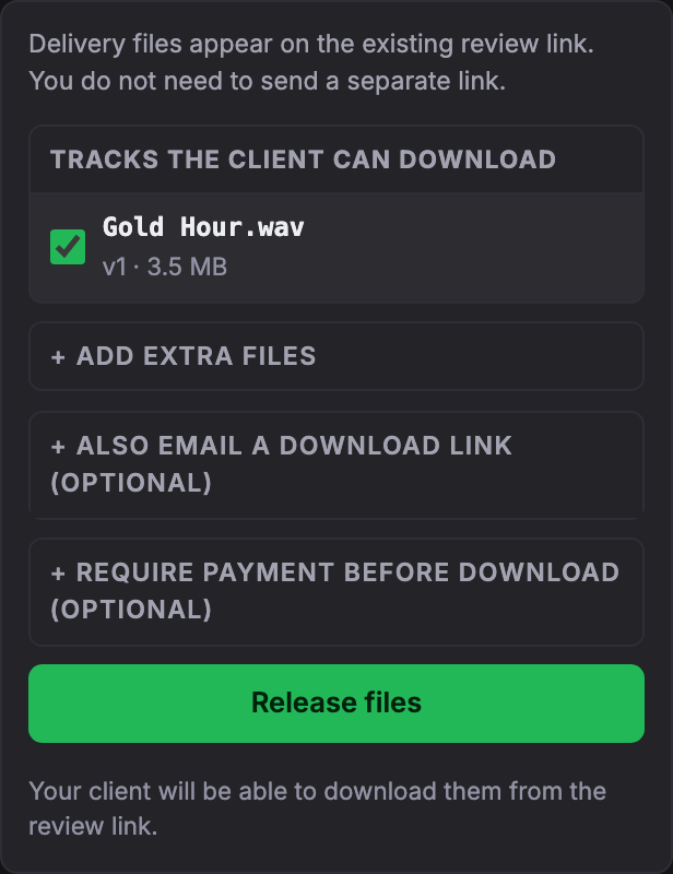 The Delivery panel with the selected tracks and extra files.