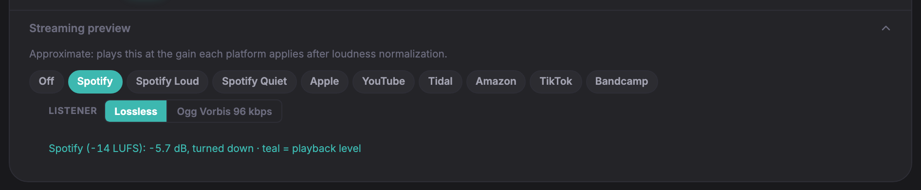 The streaming preview on the review page, with Spotify selected and the readout showing the gain applied