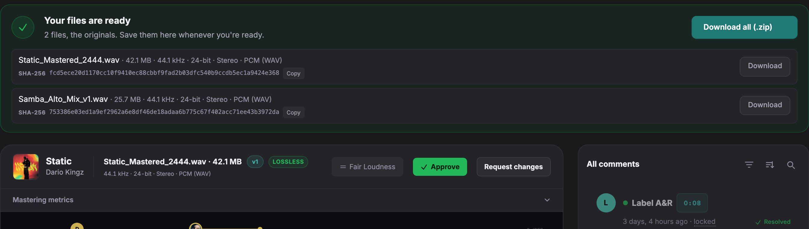 A client's review page: a green panel reading Your files are ready, listing each master with its SHA-256 and a Download button, plus Download all, above the player and the waveform with pinned comments.
