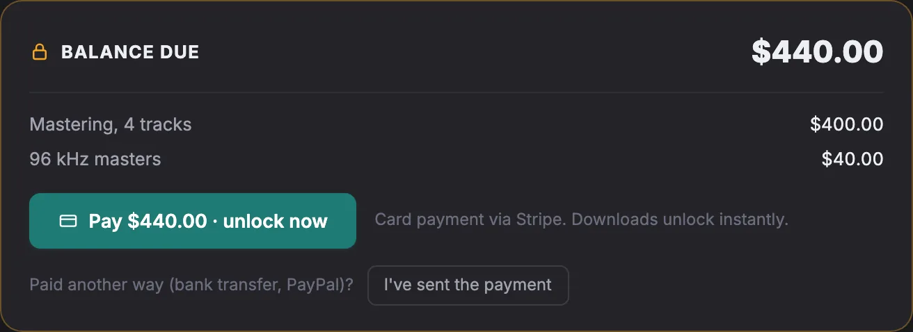 A client's delivery page in Soneam with an itemized balance and the downloads locked until payment
