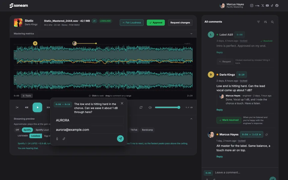 A client's review page in Soneam: the mix playing in the browser with timestamped notes pinned to the waveform and an Approve button